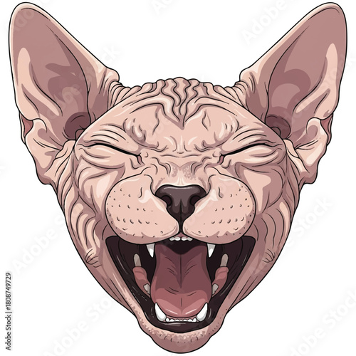 An expressive vector illustration of a laughing hairless Sphynx cat's head, showing pure joy and humor isolated on a white background