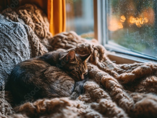 Ginger Cat Sleeping on Cozy Knitted Blanket by the Window