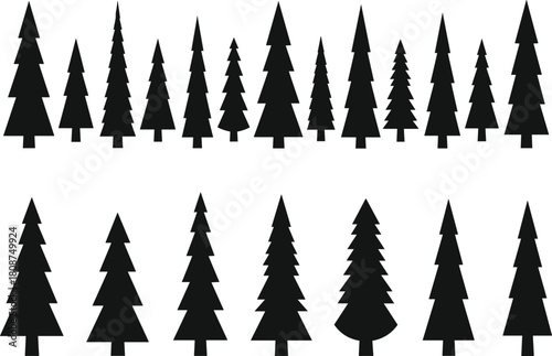 Pine tree silhouette collection, evergreen forest icons, black conifer shapes, winter woodland graphics, nature illustration set, simple fir tree designs