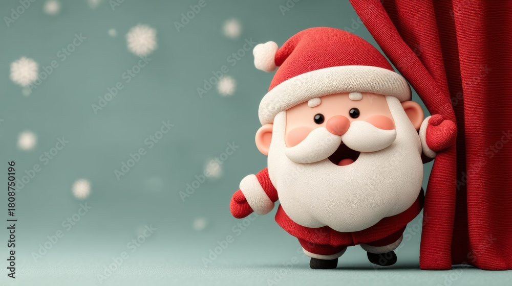 Fototapeta premium Cute Santa Claus peeking behind red curtain in snow