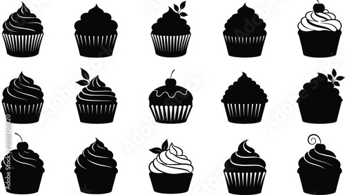 Illustration of a delightful collection of cupcake silhouettes, each uniquely designed with varying frosting styles and toppings, isolated on perfect for dessert