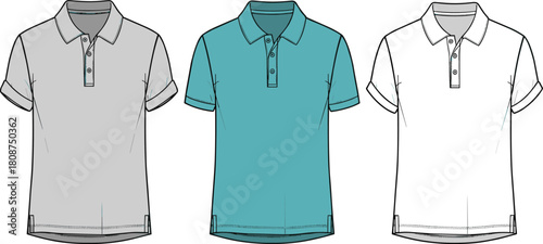 Polo shirt collection, short sleeve design, casual fashion wear, men’s clothing, cotton texture, collar detail, button placket, color variation