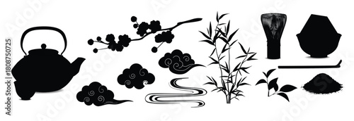 Realistic Detailed Art of Japanese Tea Ceremony Utensils Collection