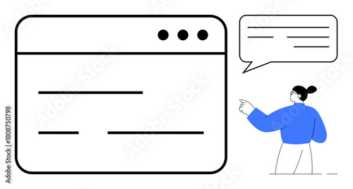 Browser window with text placeholders and a speech bubble beside a woman pointing, symbolizing guidance, interaction, and information sharing. Ideal for communication, technology, education, UX