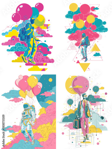 Colorful surreal illustrations of floating travelers carried by balloons among clouds and abstract shapes. Dreamlike artwork perfect for posters fantasy designs inspirational themes and creative proje