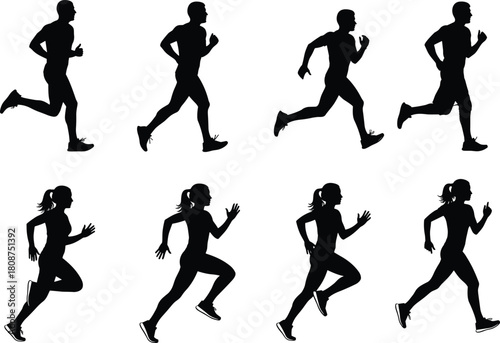 Silhouette runners collection, male and female running poses, athletic jogging illustrations, fitness workout vector set for sports, training, and health designs
