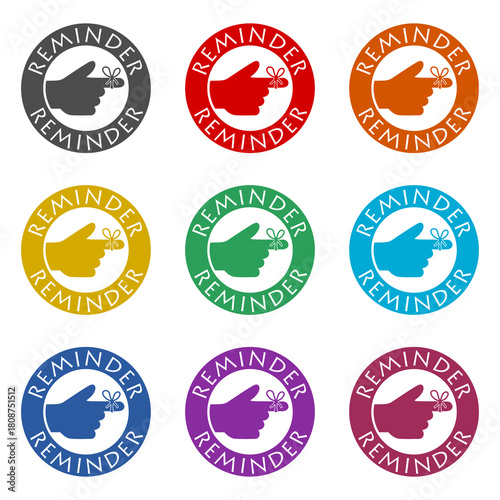 Reminder hand with string tied to finger icon isolated on white background. Set icons colorful