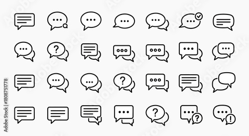Set of speech bubble icons with different message symbols like dots, question marks, and exclamation marks