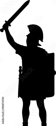 Roman legionary silhouette holding gladius and shield in battle pose
