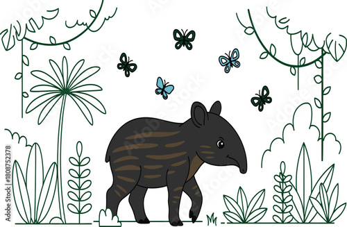 Cartoon tapir walking in a jungle with butterflies and plants Keywords: tapir, cartoon, animal, jungle