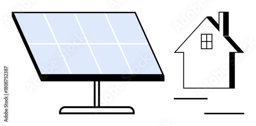 Solar panel mounted on a stand beside a simplified house outline, illustrating renewable energy, eco-friendly living, sustainability, self-sufficient power, modern energy solutions, clean technology