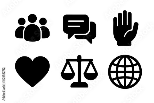Minimalist icons: communication, justice, community, and global symbolism