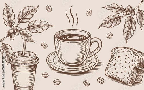 A vintage-style illustration showcasing a cup of coffee and a piece of bread surrounded by coffee beans, conveying warmth, comfort, and the simple pleasures of daily life.
