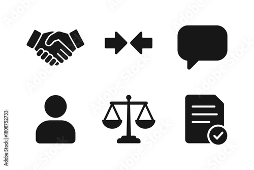 Business icon set featuring communication, agreement, and legal balance