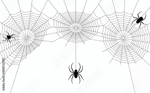 An intricate and artistic representation of spider webs with spiders, showcasing nature's craftsmanship in a monochromatic style, ideal for themes related to mystery or nature.
