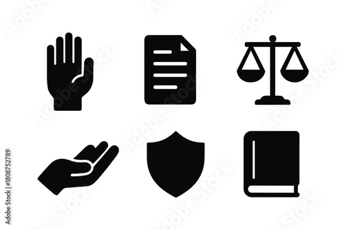 Black icons of justice: hand, document, scale, palm, shield, book