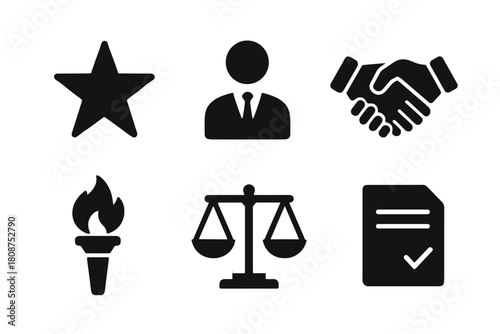Black silhouette icons: justice, business, and leadership symbols collection