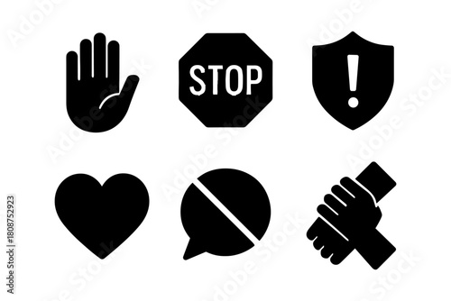 Silhouette symbols collection: hand, stop, warning, heart, chat, unity