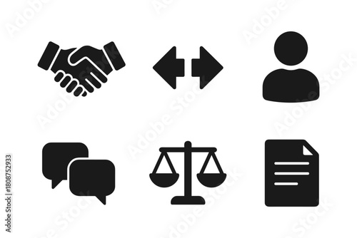 Business icons set: communication, contracts, decision making, and legal balance