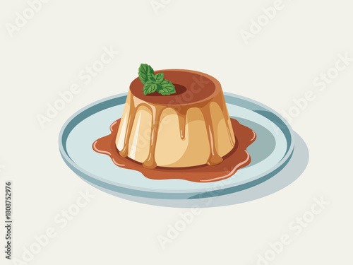 This image features a delectable flan dessert topped with a mint leaf, showcasing its creamy, caramel richness perfect for enticing food lovers and dessert connoisseurs.