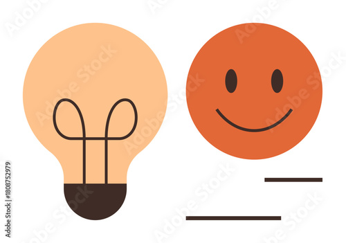 Light bulb representing inspiration alongside a smiling face denoting positivity and creativity. Ideal for innovation, motivation, happiness, communication, teamwork, education, branding. Simple flat