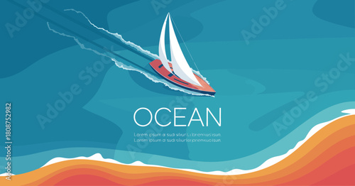 An illustration of a sailing boat racing across vibrant blue ocean waves evokes a sense of adventure and freedom, perfect for ocean lovers and travelers.