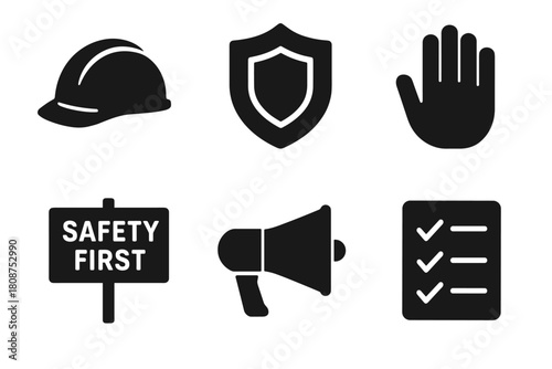 Safety icons collection: helmet, shield, hand, megaphone, checklist, safety sign