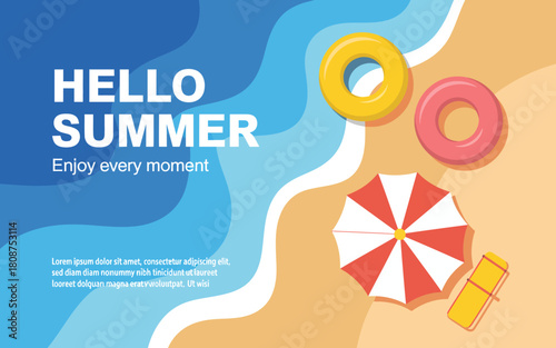 This playful summer-themed illustration showcases beach accessories and a sunny seaside backdrop, evoking joy, relaxation, and the excitement of summer adventures by the sea.