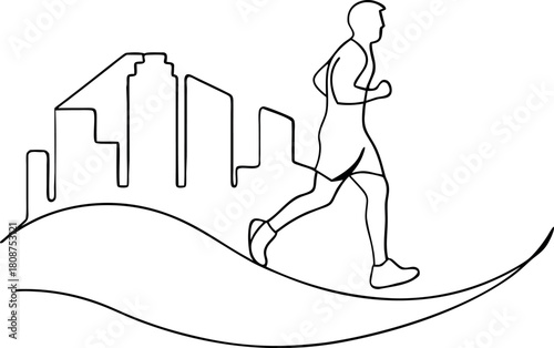 Man running in city single line illustration