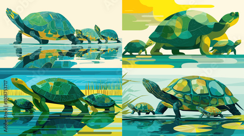 Colorful stylized illustrations of turtle families walking and swimming in nature. Vibrant wildlife artwork perfect for children themes posters nature prints and environmental designs.