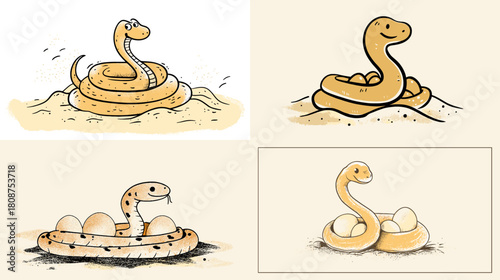 Cute cartoon illustrations of a friendly snake guarding its eggs in simple earthy tones. Playful animal artwork ideal for children books educational materials and fun character designs.