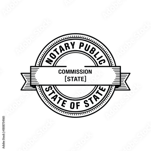 Circular notary public commission stamp seal emblem with ribbon and state text