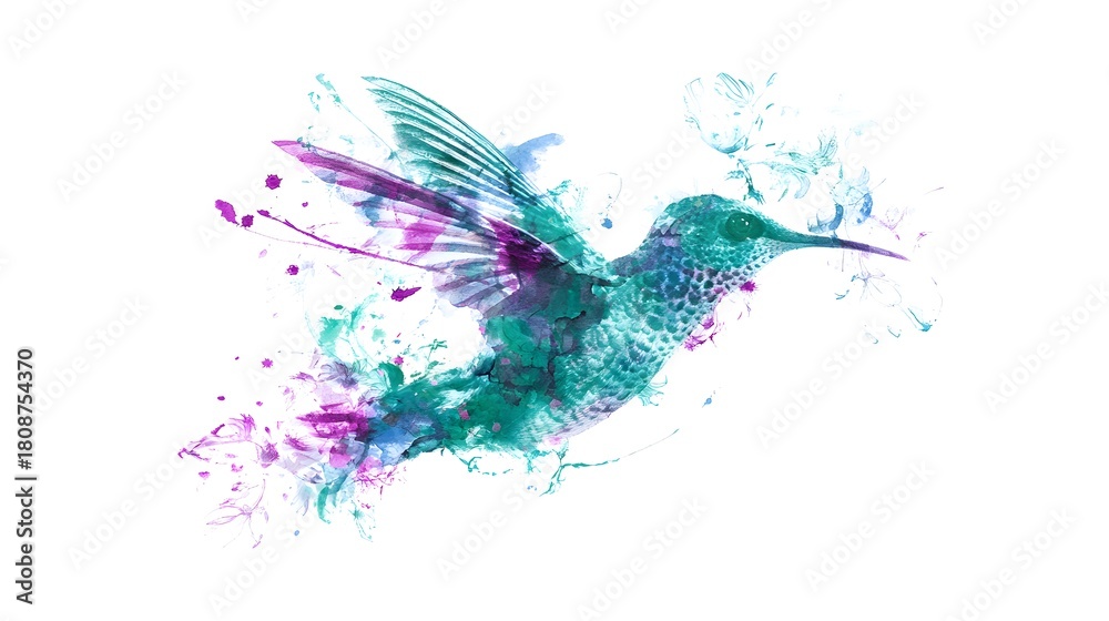 Obraz premium Vibrant Hummingbird Flight Watercolor Art Dynamic Teal Emerald Magenta Motion Energy Illustration