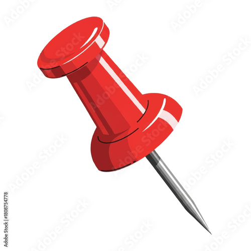 Red push pin for marking location, attachment, or task management on a surface, illustrated on white