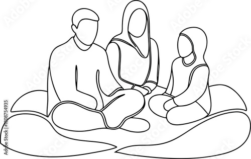 Muslim family sitting together continuous line drawing