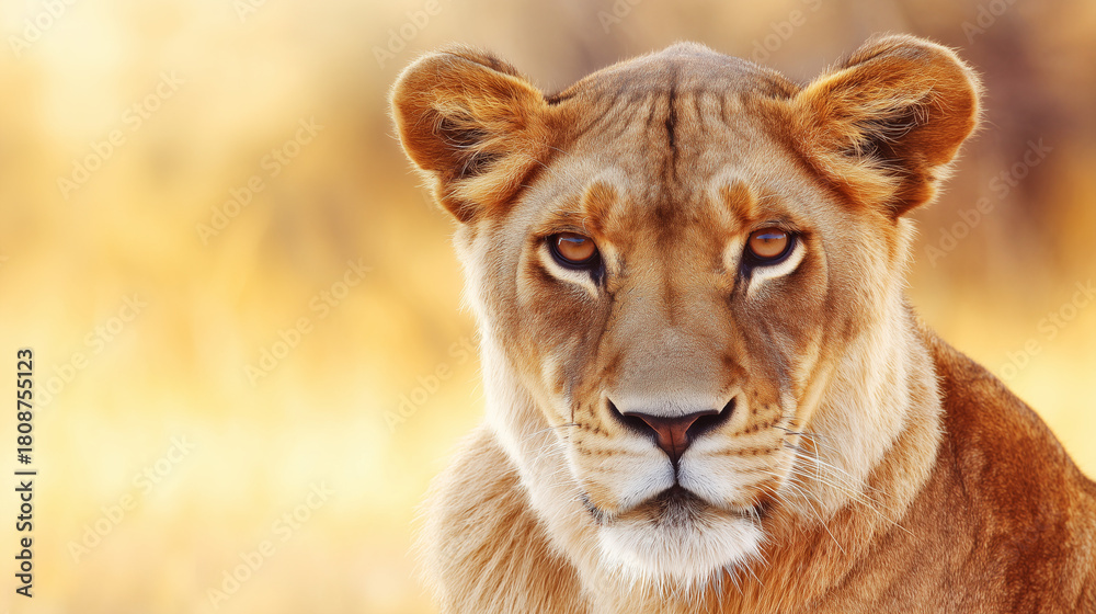 Fototapeta premium ferocity. Lioness portrait with intense gaze and detailed fur in golden savannah setting. wildlife magazines, conservation campaigns, designed for wildlife conservation campaigns.