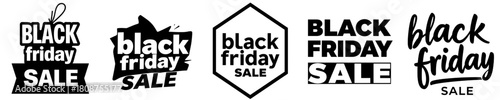 A collection of five vector graphics promoting Black Friday sales. Each design features the text "Black Friday Sale" in different fonts and layouts, suitable for banners, ads, or social media posts.