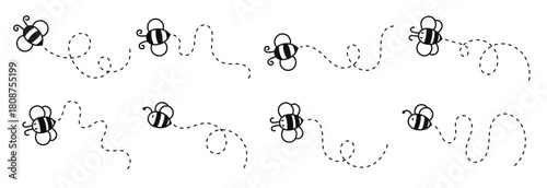 Bee flying path. A bee flying in a dotted line The flight path of a bee to honey.