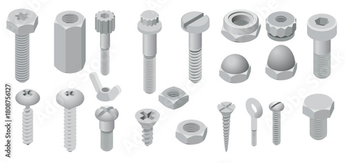 Screw bolt icons set isometric style