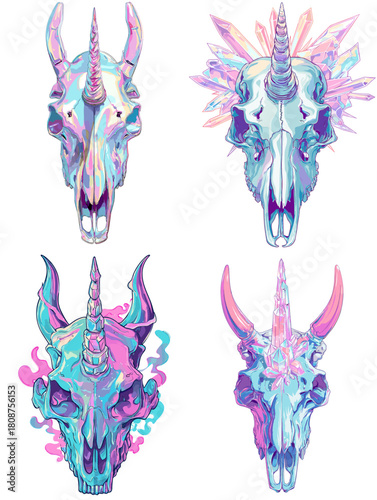 Vibrant unicorn skull illustrations with glowing colors crystals and smoke elements. Fantasy themed artwork perfect for tattoos posters mystical designs and creative concept projects.