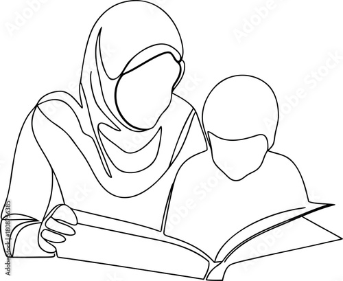 Muslim woman reading with child one line drawing