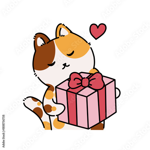 cute cat holding a wrapped gift box with a heart above.
