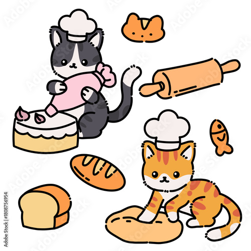 cute cartoon cats baking bread with rolling pin and pastries in a playful kitchen scene.