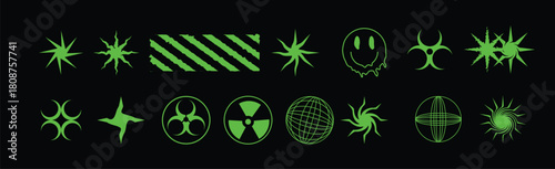 Retro Futuristic Elements, streetwear element design, globe, stars, smiley face, green retro element