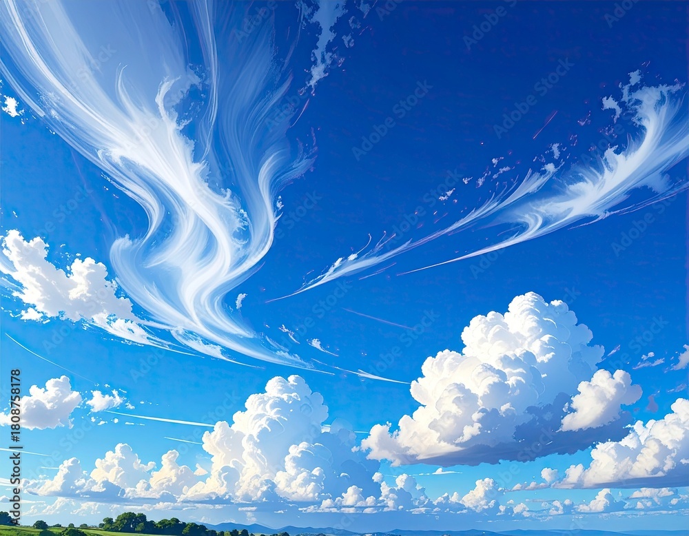 Fototapeta premium Serene Blue Sky with Wispy Clouds and Cumulus Formations.
