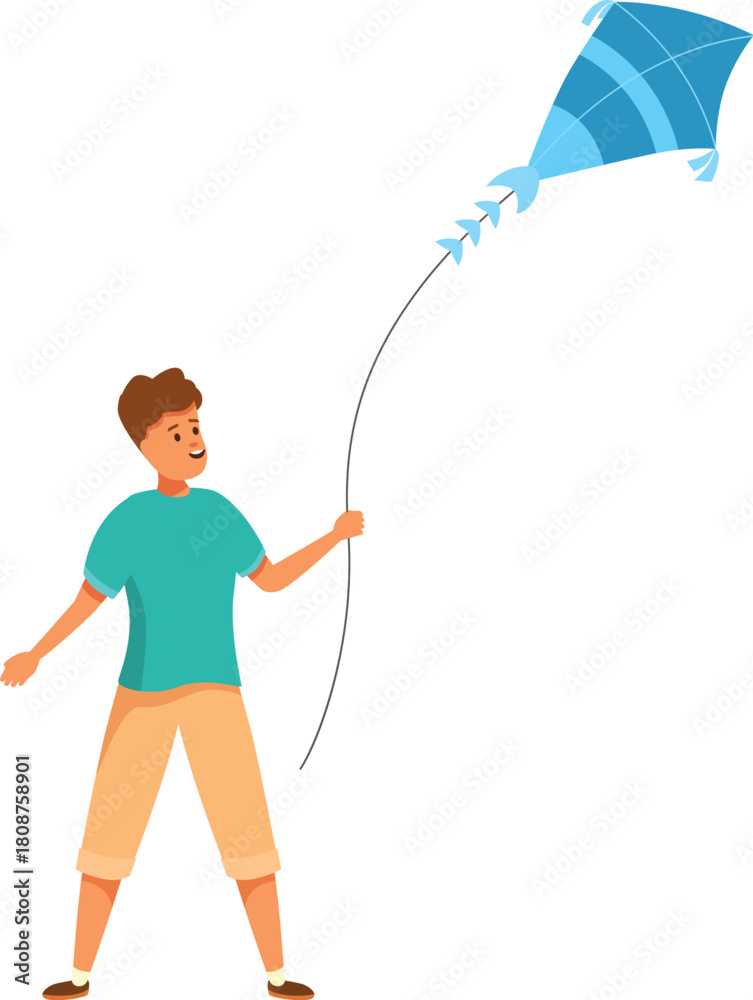 Obraz premium Boy flying kite, enjoying outdoor activity in summertime, creating childhood memories with simple pleasures
