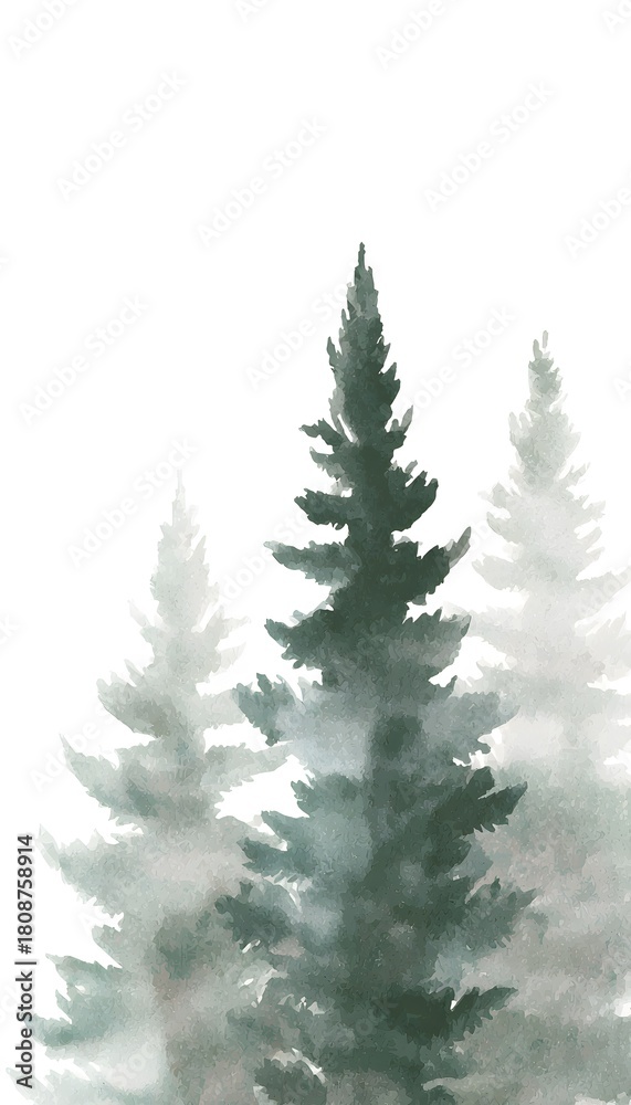 Obraz premium Serene watercolor pine tree art evokes peaceful nature scenes ideal for refined stationery designs