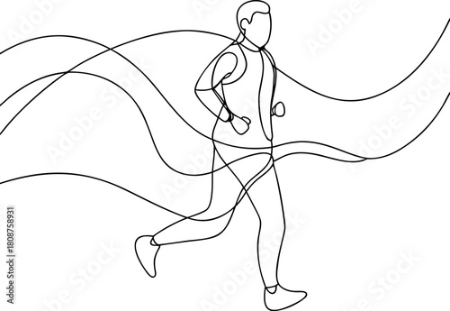Single continuous line drawing of running person abstract