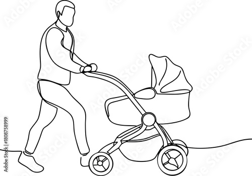 Single line art father pushing baby stroller
