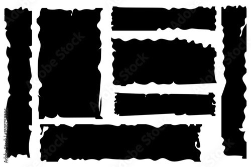 Abstract geometric composition of several dark blank rectangles with torn edges